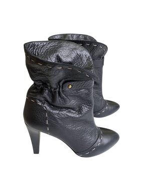 Lamarthe Slouchy Leather High-Heel Ankle Booties w/ white whipstitching